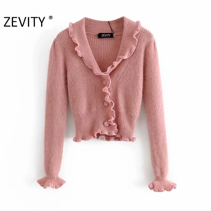 Zevity Women Sweet Patchwork Ruched Pink Short Knitting Sweater Ladies Long Sleeve Breasted Chic Casual Slim Cardigans Tops S471