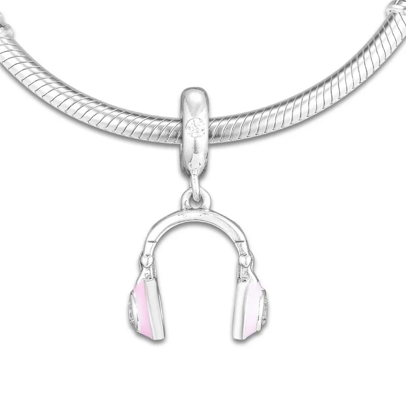 Color Pink Enamel Headphone Charms Fit DIY Charm Bracelet Femme Fashion Jewellery 925 Sterling Silver Beads for Jewelry Making