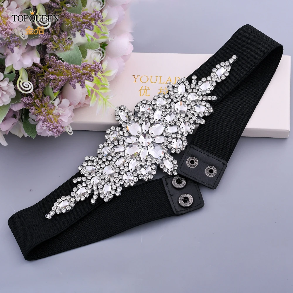 TOPQUEEN S01-E Fashion Floral Rhinestone Buckle Women's Elastic Waist Cinch Belt for Dress Formal Dress Belt Evening Party Band