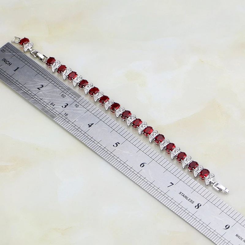 Oval Red Rhinestone White CZ Charm 925 Sterling Silver Chain Link Bracelet For Women Free Gift Box