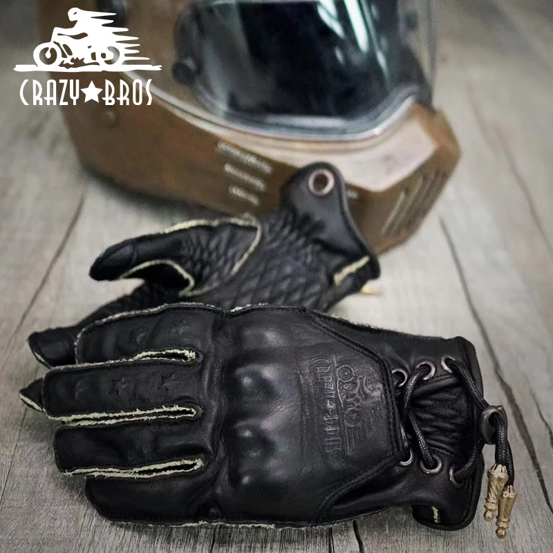 Retro  Men Genuine Leather Motorcycle Motorbike Motocross Gloves   For Harley Outdoor Riding Protective Moto Glove