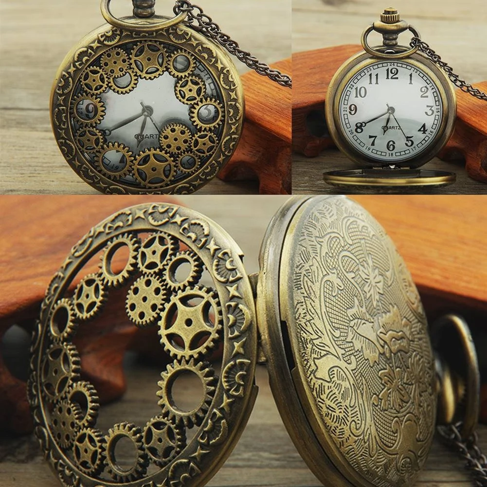 Retro kieszenie zegarek Hollow Gear antyczny wisiorek cyfry arabskie analogowe zegarki kwarcowe zegarek nowy Vintage Bronze Steampunk