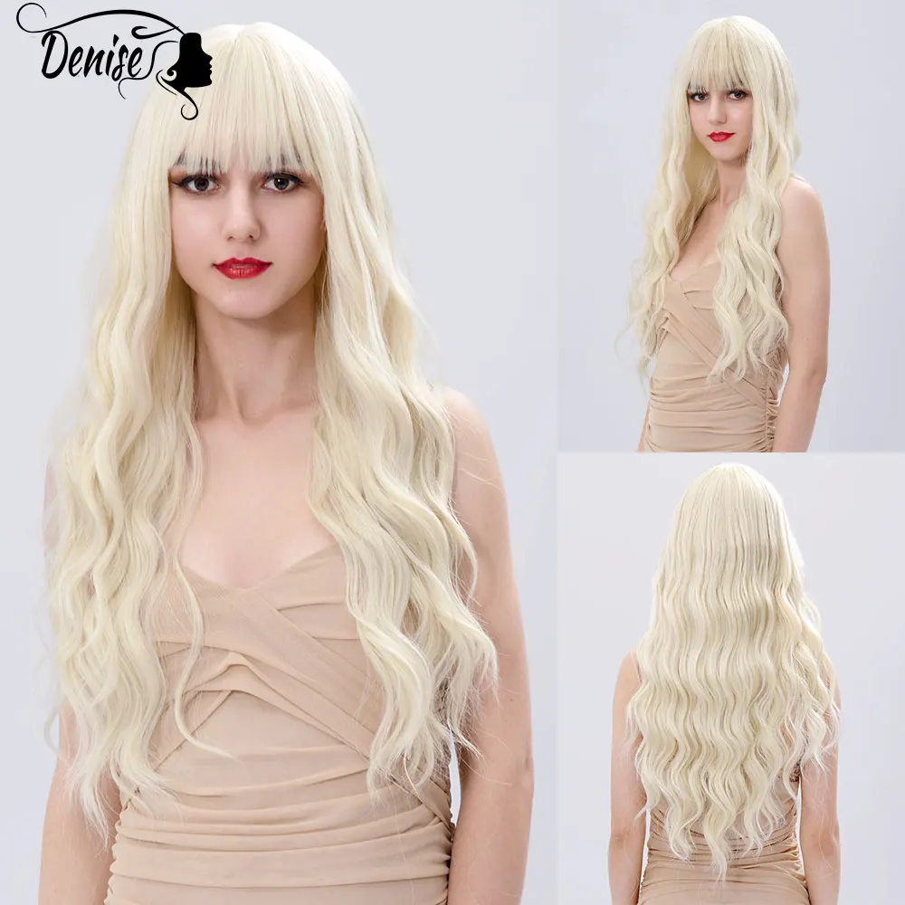 Long Blonde Wave Colored Daily Hair Synthetic Wigs With Bangs For White Women Natural Cosplay Female  Heat Resistant Fiber Wig