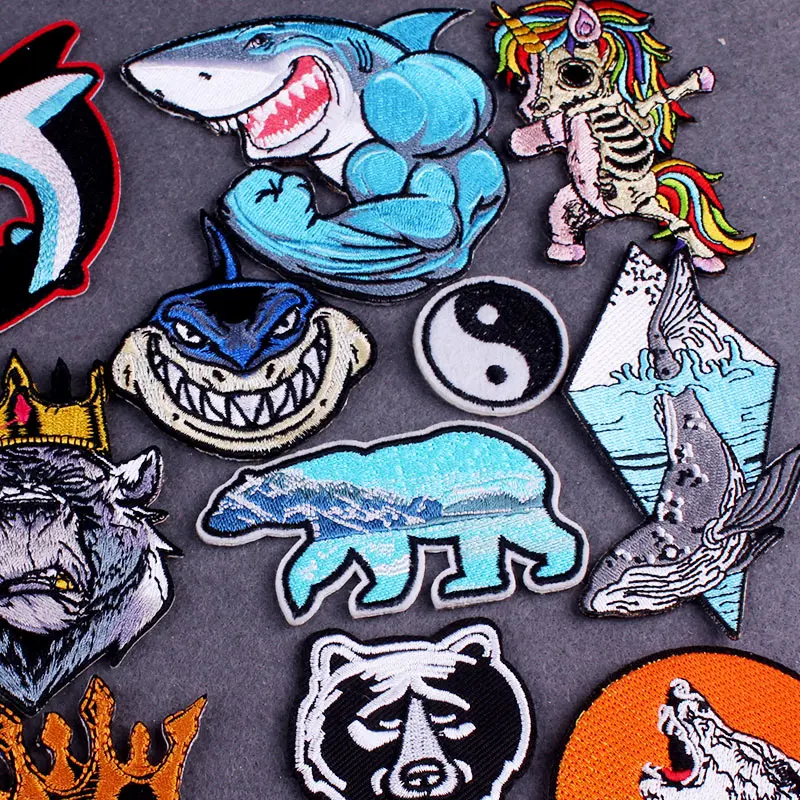 Iron on Patch Punk Bear Shark Patch Embroidered Patches On Clothes Punk Clothes Stripes Smoking Orangutan Patches for Clothing