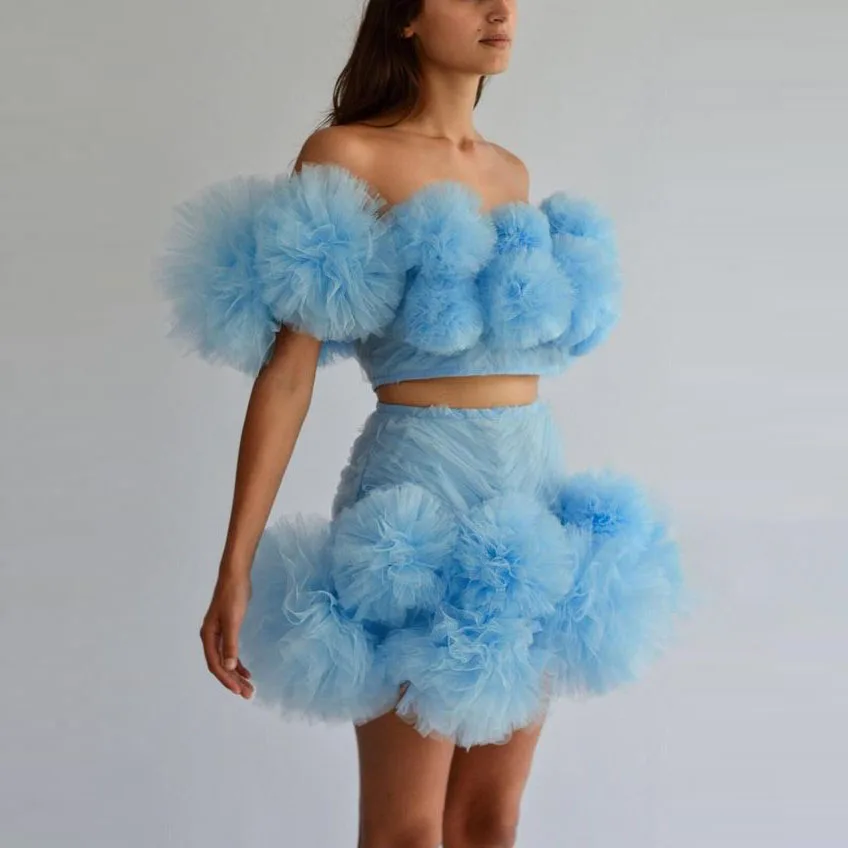 Fashion Puffy 2 Stuk Prom Dress Tiered Party Wear Pinterest Hot Chic Lange Tutu Prom Gown Off Shoulder Boven Knie lengte