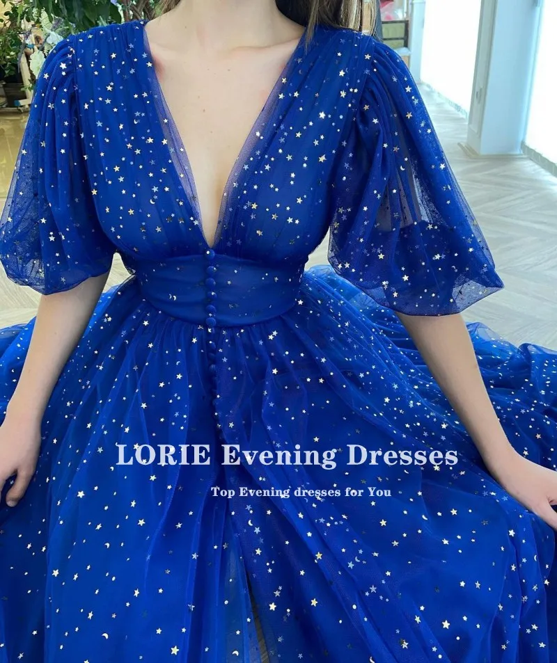 LORIE Royal Blue Prom Dresses scollo a v Cap Sleeve Stary maniche corte abiti da sera arabi Tulle a-line Celebrity Party Dress