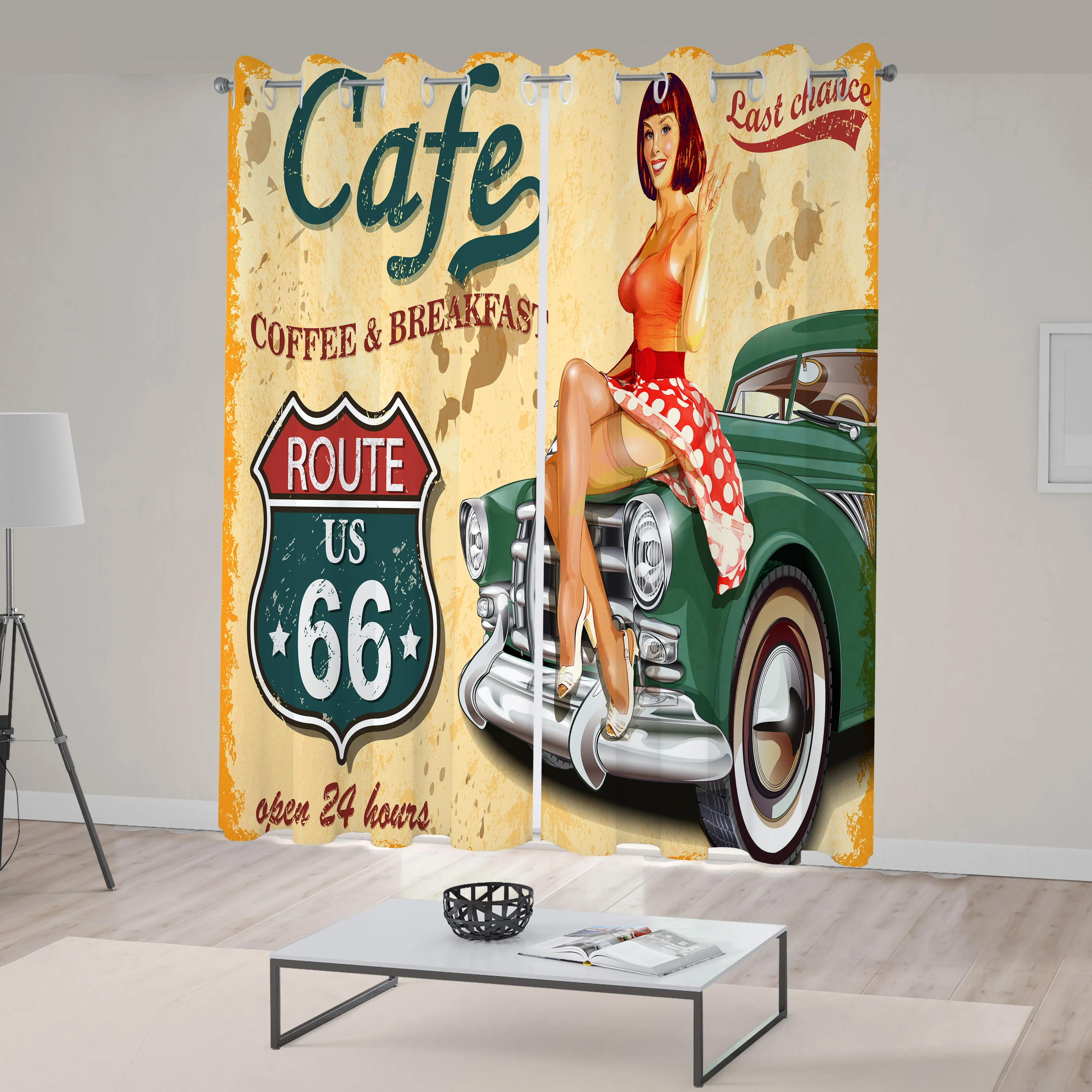 Route 66 Kitchen Curtains Cafe Diner Sign Vintage Lady Sitting on a Car Highway Nostalgic Grunge Theme Window Drapes for Kitchen