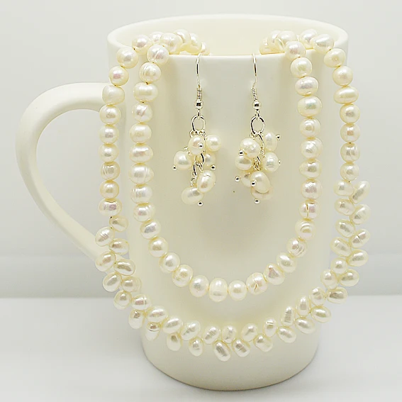 

Genuine White Freshwater Pearl Necklace Earrings 2rows Round Rice Pearls Jewelry Set Perfect Girl Women Wedding Birthday Gift