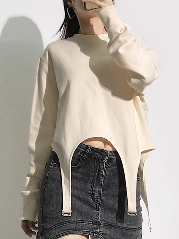 CHICEVER Casual Loose Irregular Hem Sweatshirt For Women Round Neck Long Sleeve Solid Sweatshirts Female 2022 Spring Clothing