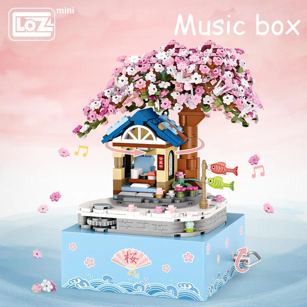 LOZ Mini Building small particles block children's toys with sound cherry blossom music box model gift music box female