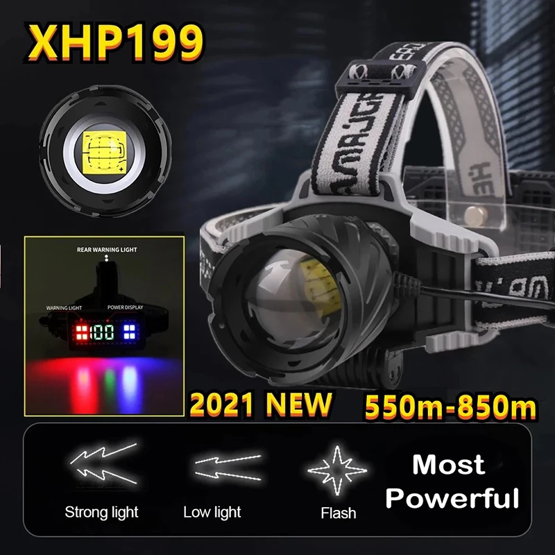 D2 XHP199 High Power LED Headlamp Powerful LED Headlight 18650 Head Flashlight Rechargeable Zoom Fishing Camping Head Lamp Light