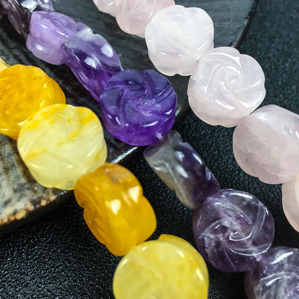 2 PCs Natural Crystal Rose Quartz Amethyst Jewelry Semi-precious Stone Loose Beads 6*14mm Double-sided Carved Rose Flower Shape