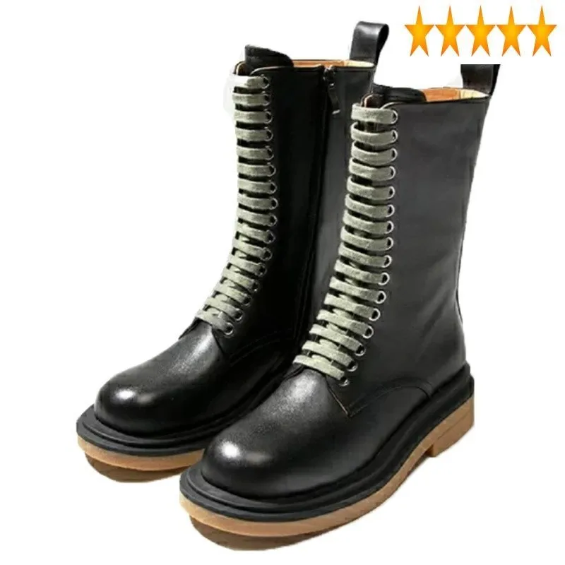

Genuine Leather Mid-Calf 100% Women Fashion Autumn Round Toe Knight England Style Lace Up Platform Biker Boots Shoes