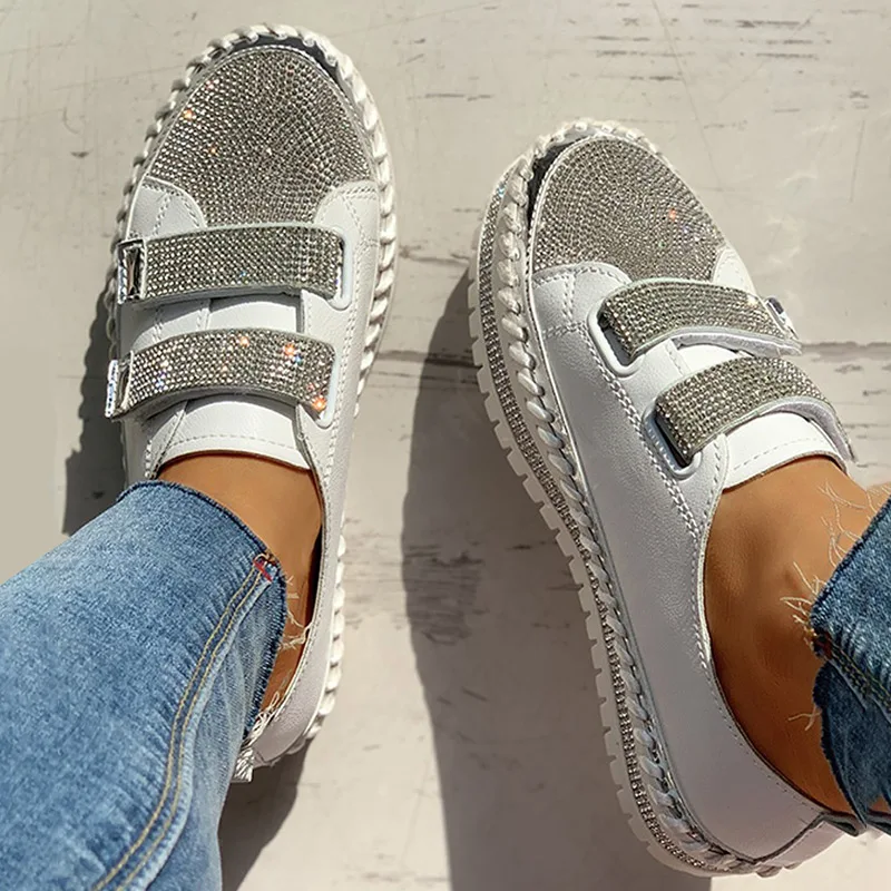 LazySeal Bling Women Rhinestone Casual Daily Magic Tape Sneakers Thick Botton Lazy Ladies Shoes Rhinestones Female Flat 2021 New