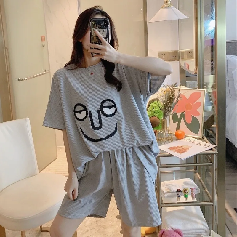 Pajama Sets Women Oversized Summer Korean Kawaii Printed Harajuku Soft Womens Homewear Pregnant Fashion Preppy Girls Pajamas New