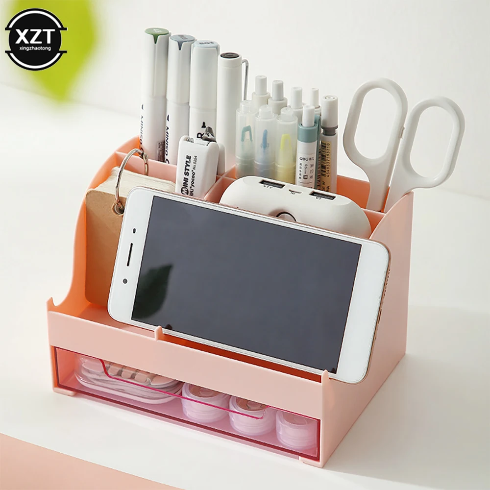 Desktop Organizer Large Capacity Desk Accessories Pen Holder With Drawer Pencil Storage Box School Office Stationery