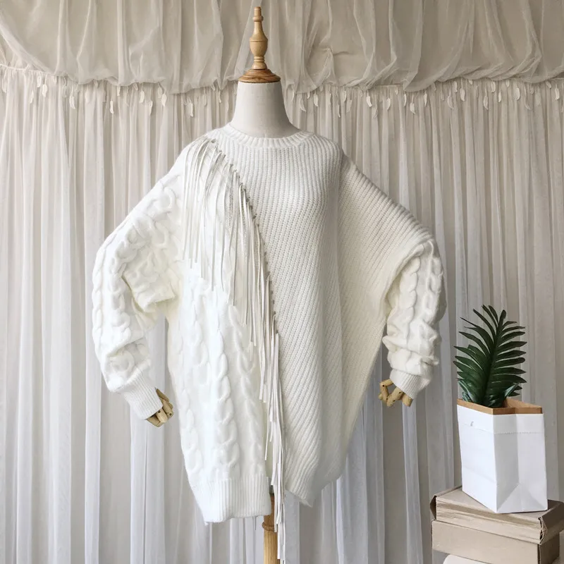 IHOBBY White Tassel Knitting Sweater Women Spring New Loose Fashion Leather Stitching Water Drill Pullover Sweaters