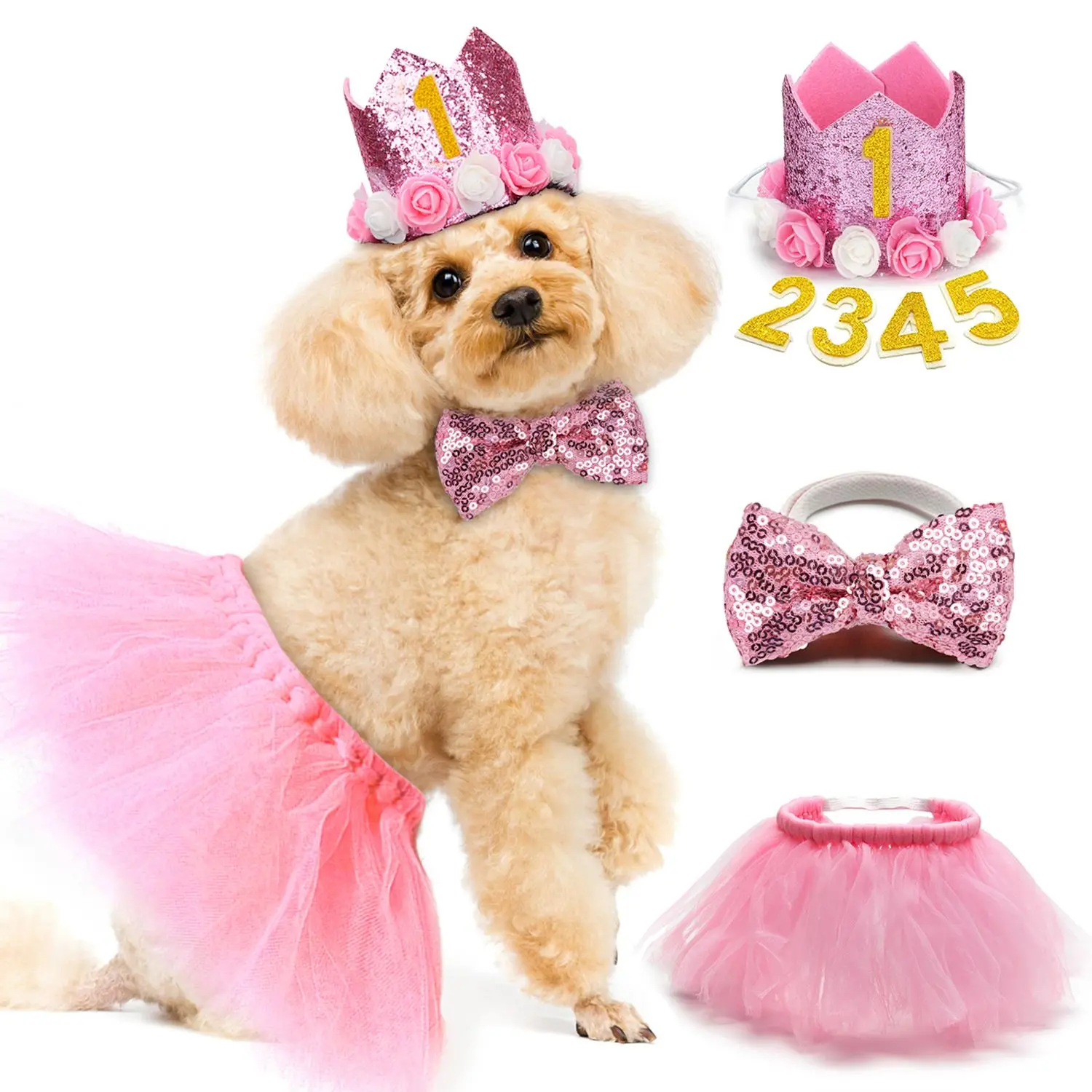 3PCS Pet Birthday Costume Set Fashion Sequin Birthday Hat With Bowtie Tutu Skirt Pet Clothing & Accessories Cat Dog Supplies