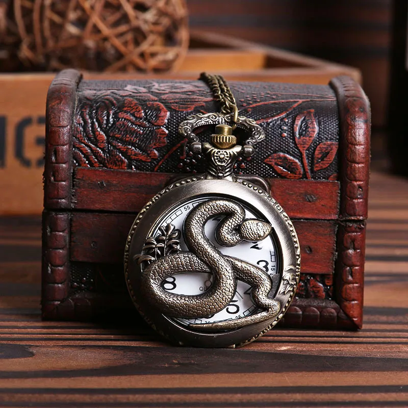 Classic creative pattern large clamshell thin chain pocket watch shell hollow embossed 12 Zodiac snake figure pocket watch