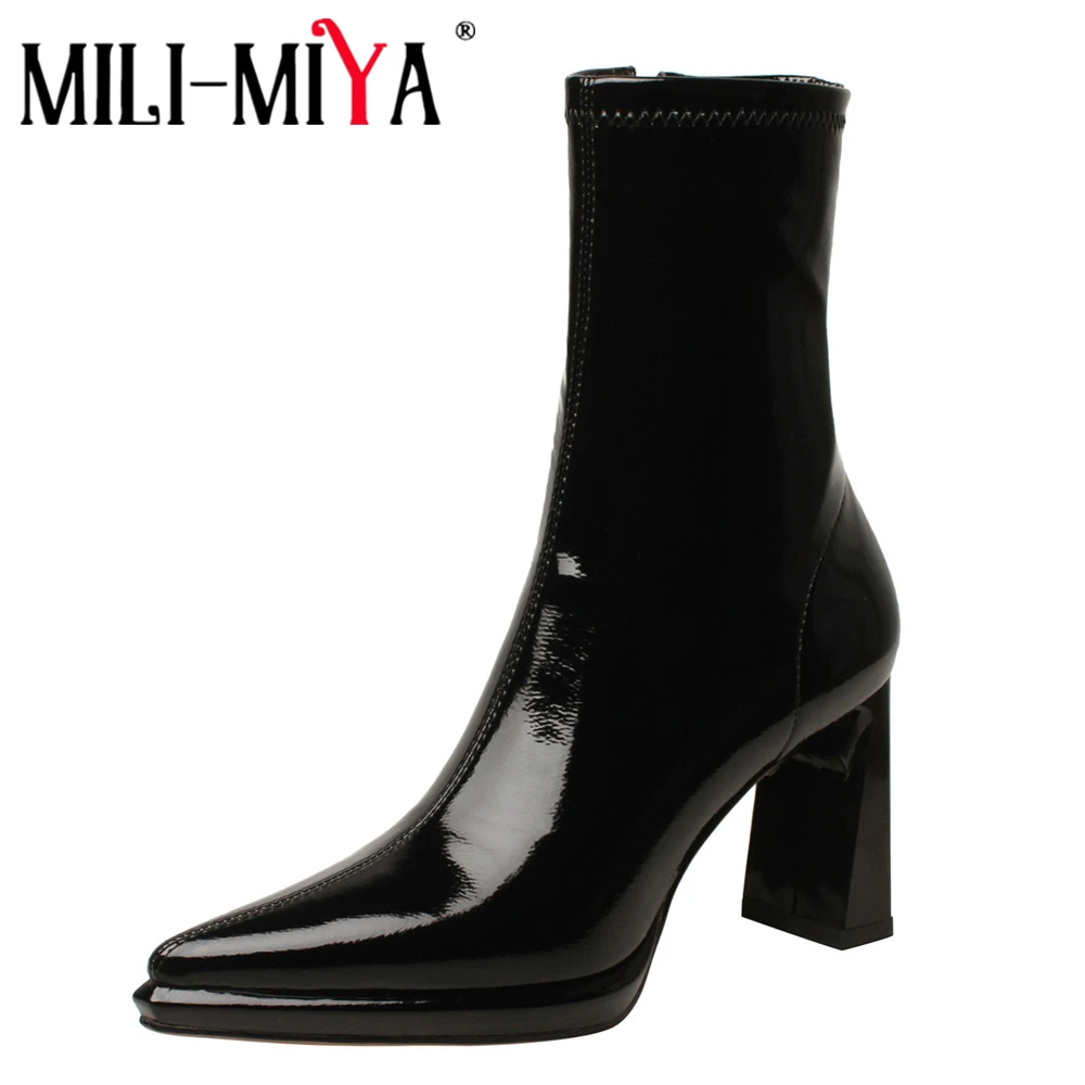 

MILI-MIYA Stretch Patent Leather Women Ankle Boots Chunky Heels Waterproof Sexy Pointed Toe Fashion Zipper Party Dancing Shoes