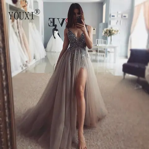 Custom Beaded Prom Dress with V Neck and High Slit YOUXI