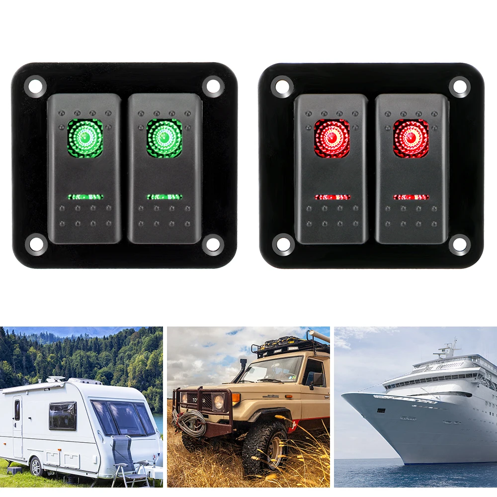 12-24V Circuit Breaker 2 Gang Rocker Switch Panel for Car Marine Camper Caravans Travel Trailer LED Waterproof Switch Panel