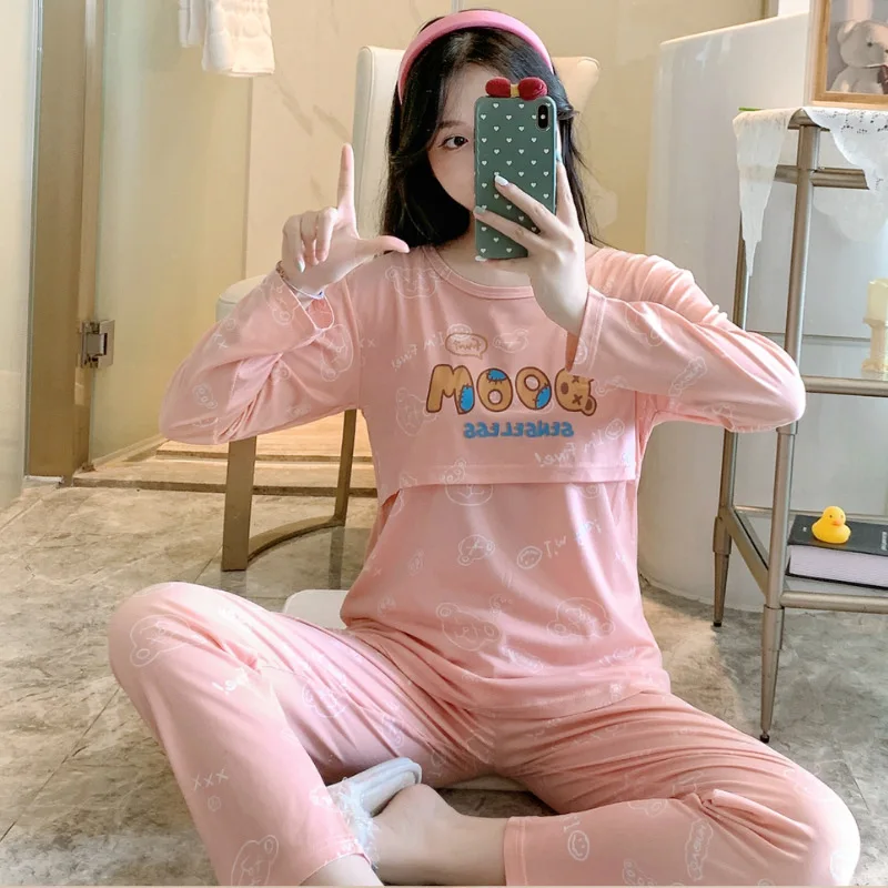 Postpartum woman lactation pajamas set autumn nursing leisurewear cartoon pregnant maternity breastfeeding tops long trousers