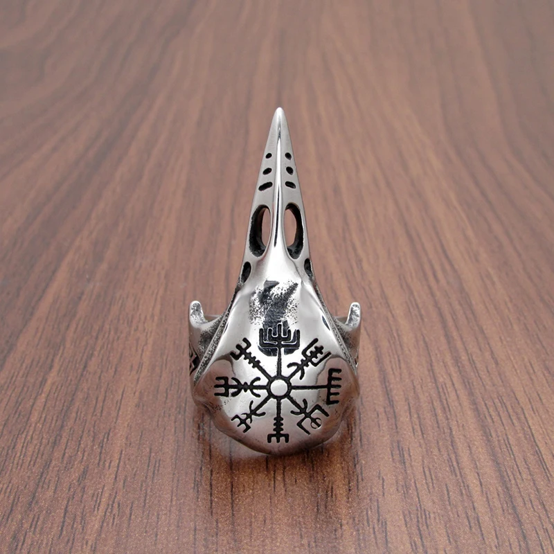 Punk 316L Stainless Steel Men‘s Viking Norse Mythology Odin Crow Raven Ring Nordic Amulet Compass Jewelry Gifts