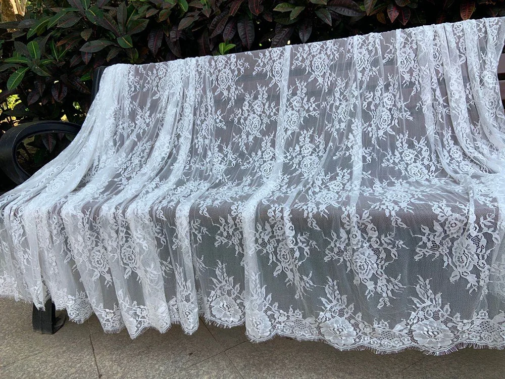 

3 meters high-quality ivory lace fabric with eyelash scalloped border, bridal lace fabric for wedding dress