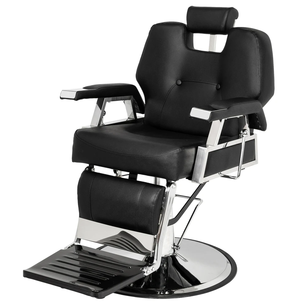 Barber Chair Beauty Salon Equipment PVC Leather Case Stainless Steel Base with Iron Footrest Disc 150kg Black[US-Stock]