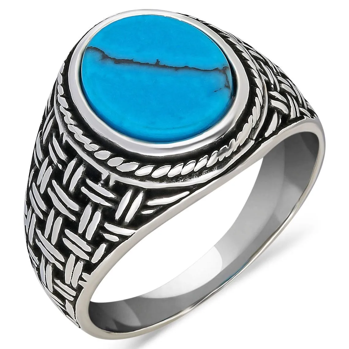 Solid 925 Sterling Silver Knitting Design Flat Turquoise Stone Men's Ring Special Ring Jewelry Accessory For Men Made in Turkey