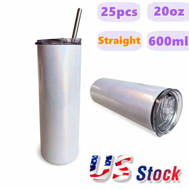 20oz 600ml Sublimation Cute Water Bottle Straight Glitter Stainless Steel Skinny Tumbler Rainbow Mugs with Straw Metal gym Cup