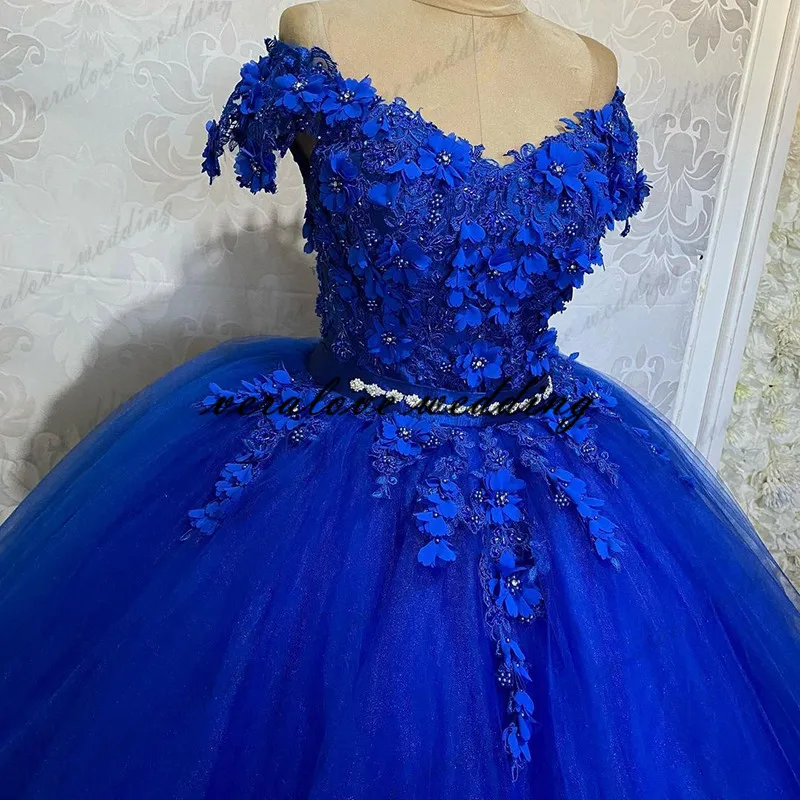 Quinceanera – robe de bal bleu Royal à paillettes, épaules dénudées, en Tulle, robe de fête, douce, 15 à 16, 2021