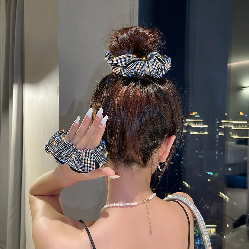 Fashion Rhinestone  Women Silk Scrunchie Elastic Handmade Hair Black Band Ponytail Holder Headband Hair Accessories