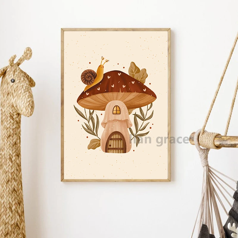 Cute Mushroom Poster Nursery Wall Art Prints , Autumn Forest Botanical Mushroom Canvas Painting Wall Pictures Kids Room Decor