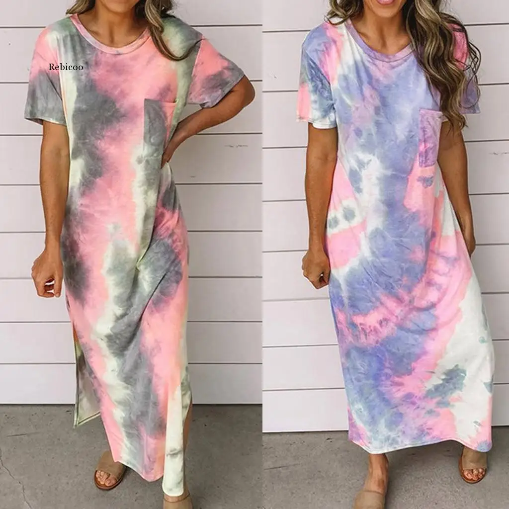 Women's Summer Dress Ladies Fashion Casual Tie-Dye Printed Split Short Sleeve Maxi Dress Party Beach Sundress