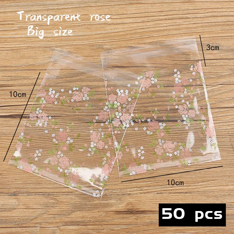 50pcs/lot Transparent Biscuit Cellophane Self Adhesive Goodie Bags Scattered Roses Pink Flower Soap Packaging Bag Homemade Pack