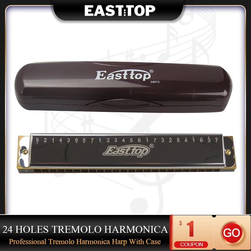 

EASTTOP T2401s 24 Holes Harmonica Professional Tremolo Harmonica Harp 24 Hole C Key With Case Durable Quality Portable