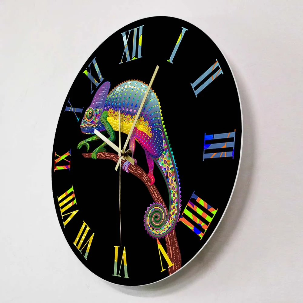 Chameleon Art Print Wall Clock Silent Swept For Living Room Vintage Roman Numerals Lizard Wall Watch Wildlife Animal Home Decor