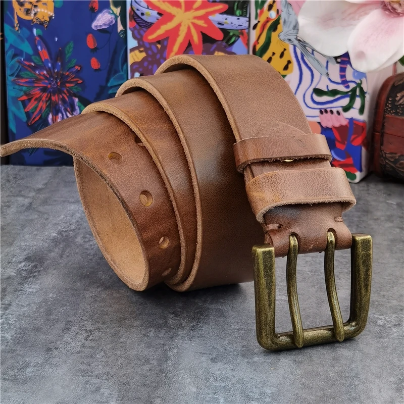 43MM Double Pin Belt Buckle 125CM-135CM Long Belt Thick Leather Belt Men Ceinture Homme Cowboy Jeans Yellow Waist Belt  MBT0018N