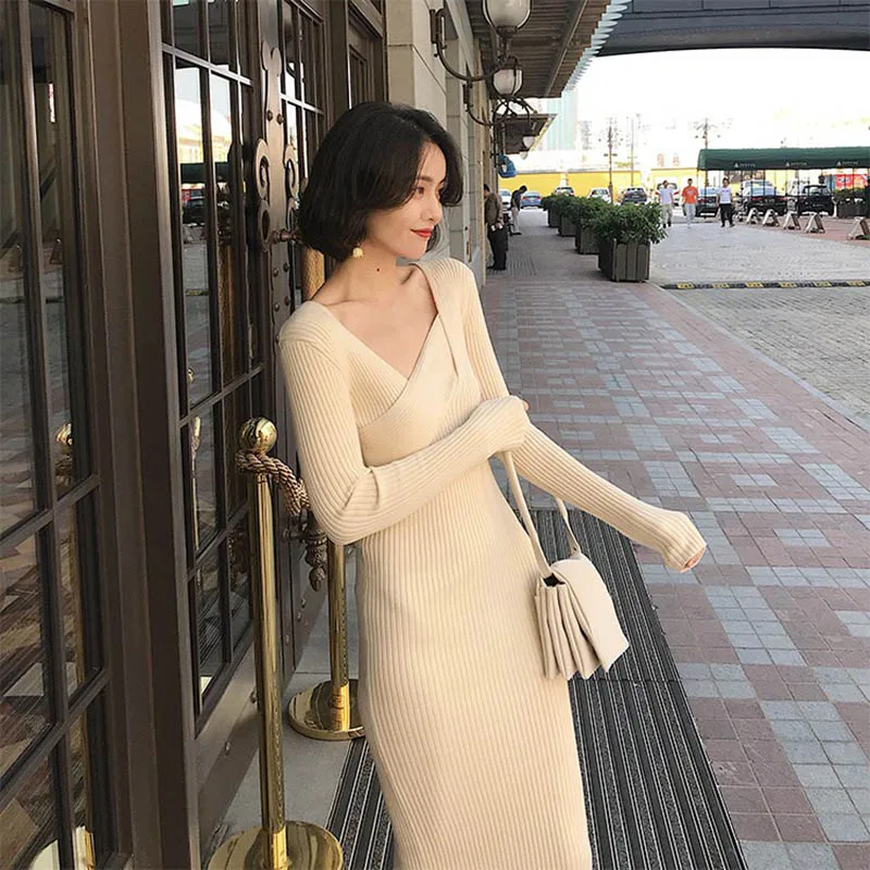 

new style inner look thin and long knitted dress women autumn and winter knitting Cotton Sheath Solid