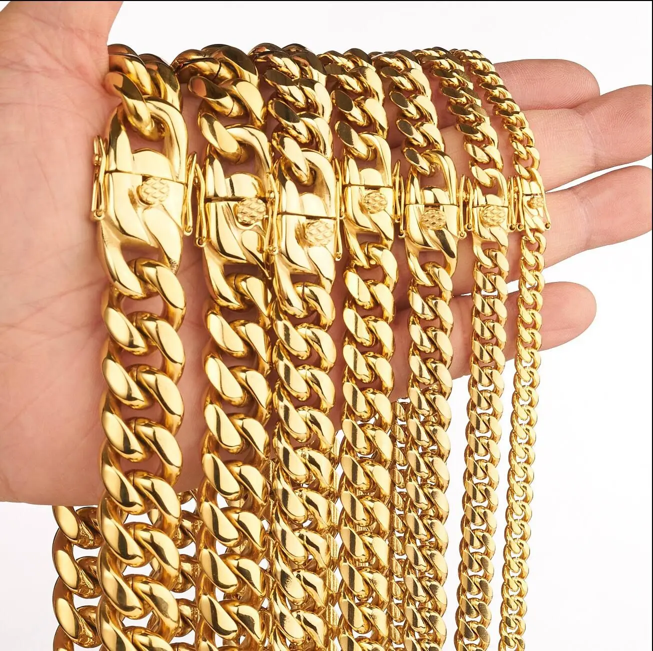 

6/8/10/12/14/16/18mm Trendy Jewelry Gold Tone 316L Stainless Steel Curb Cuban Link Miami Chain Necklace Hip Hop Choker 7-40Inch