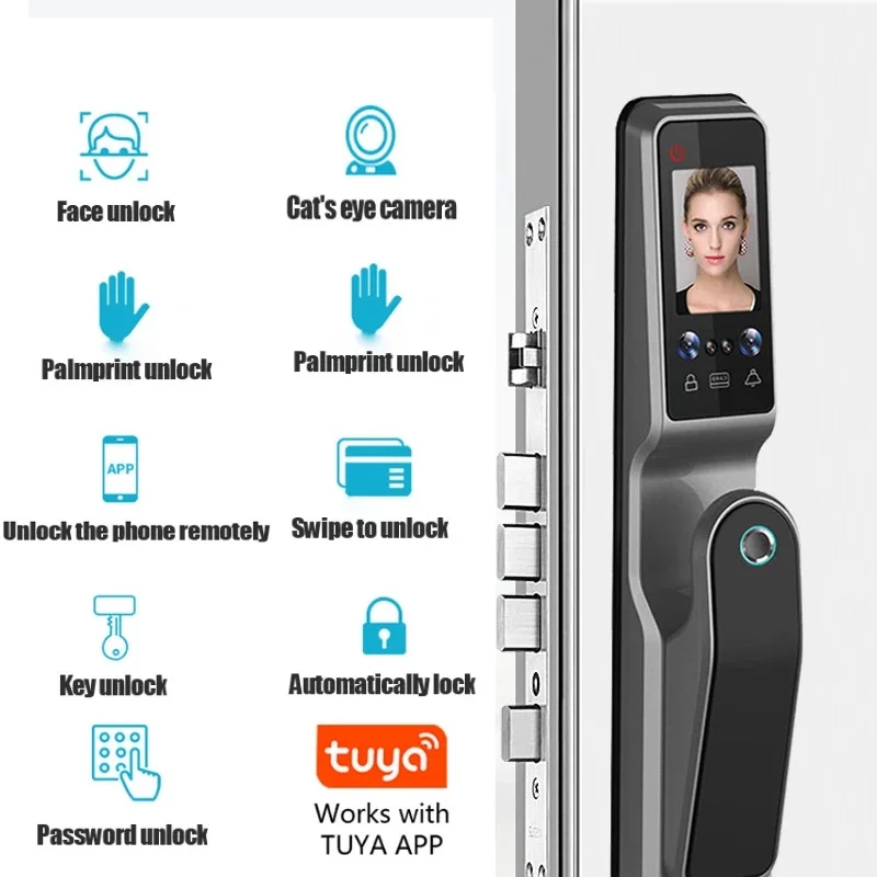 TUYA WIFI Remote Unlock Facial Recognition Smart Door Lock With Camera Fingerprint Palm Print Magnetic Card Password Key Unlock