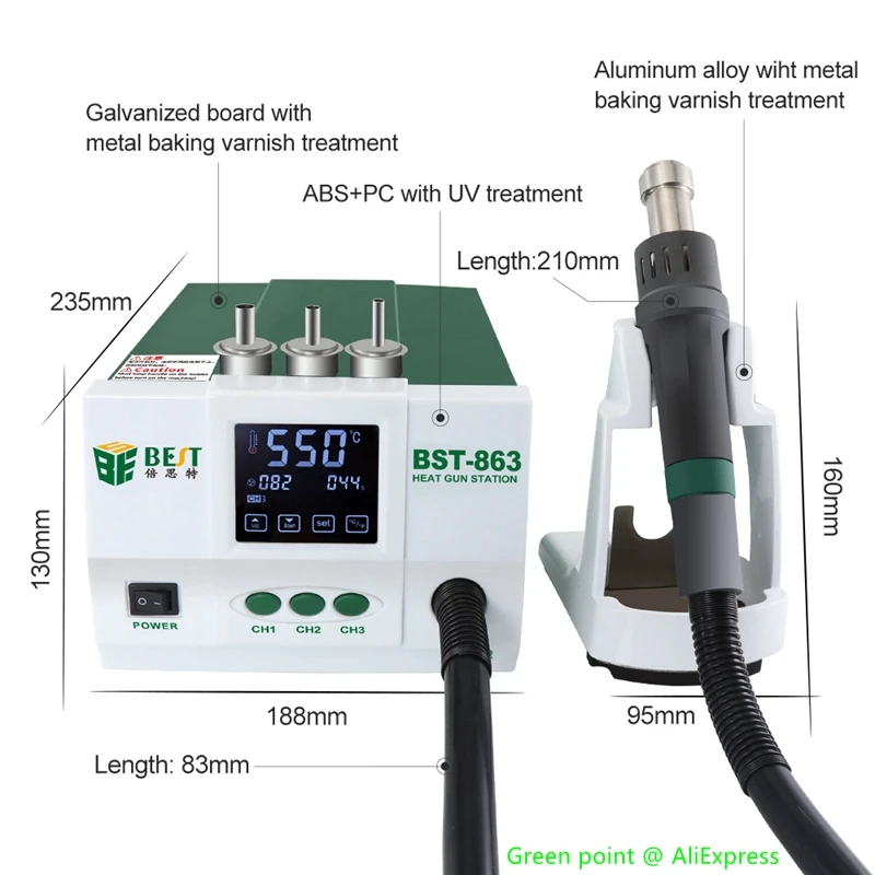 New BST-863 High Power Intelligent Hot Air Gun Touch Screen Control Constant Temperature LCD Digital Display SMD Rework Station