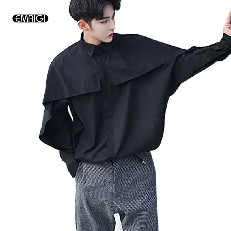 Men Long Sleeve Shirt Bat Sleeve Loose Casual Shirt Male Stage Fashion Show Punk Rock Style Dress Shirts