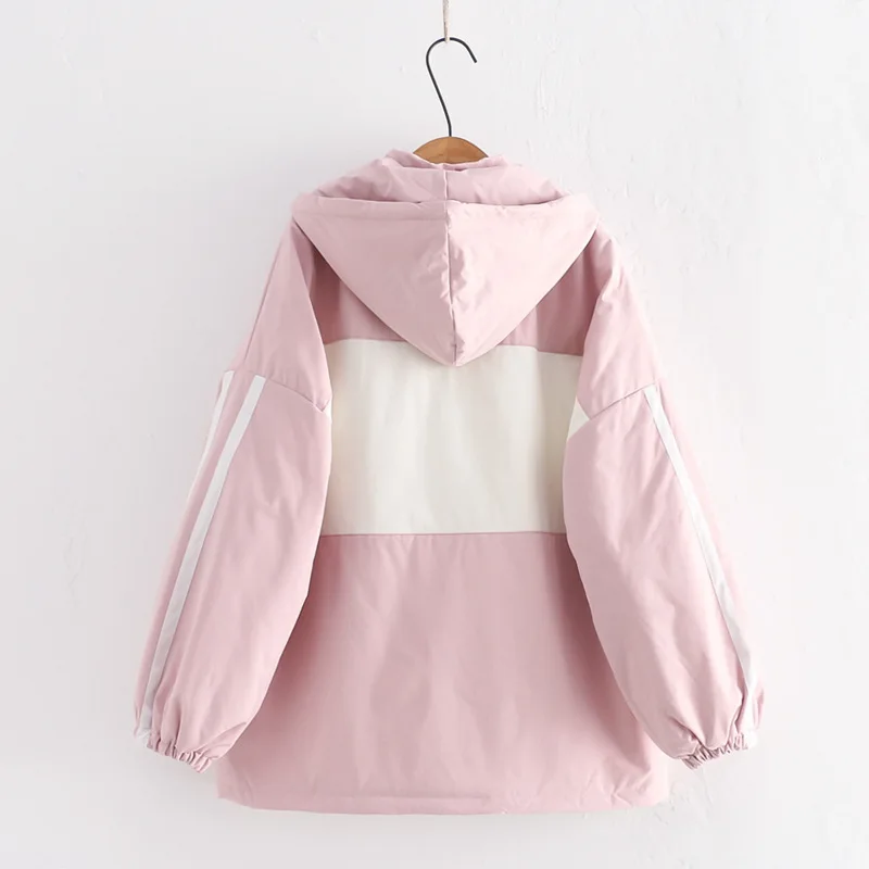 Japanese Winter Kawaii Fashion Girls Coat Women Wool Fleece Warm Black Hooded Jacket Pink College Zipper Casual Cute Outerwear