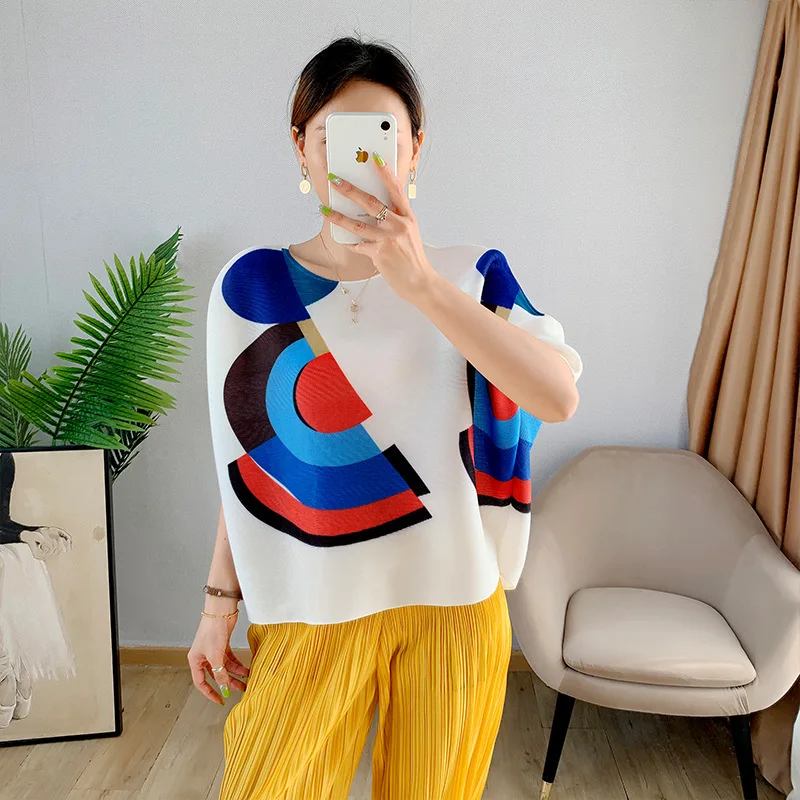 

Pleated Bat Sleeve Top Black 2021 Summer New Quarter Sleeve Loose Solid Round Neck Printed T-shirt