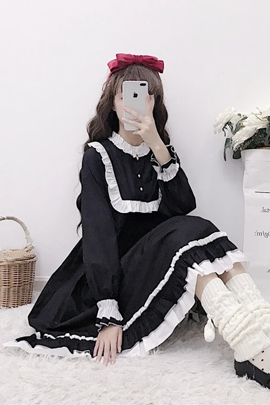 Japanse Stijl Zachte Zus Dagelijks Licht Lolita Kleur Panel Bell Lange Mouwen Zoete Ruches Lange Jurk Vrouwelijke lente