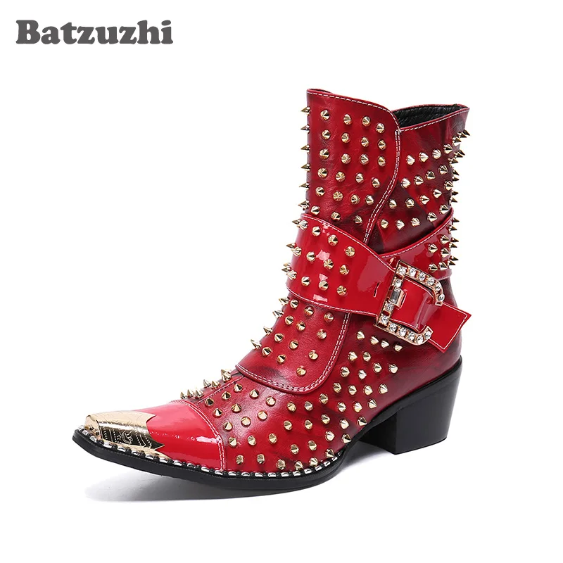 

Batzuzhi 6.5cm High Heels Boots Men Rock Rivets Short Ankle Boots Men Punk Motorcycle/Party Botas Hombre, Size 38-46