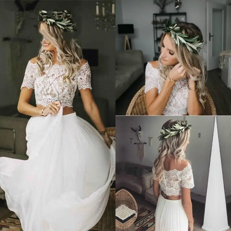 Vestido de novia árabe de dos piezas, Sexy, barato, bohemio, manga corta, de gasa, para playa, talla grande,